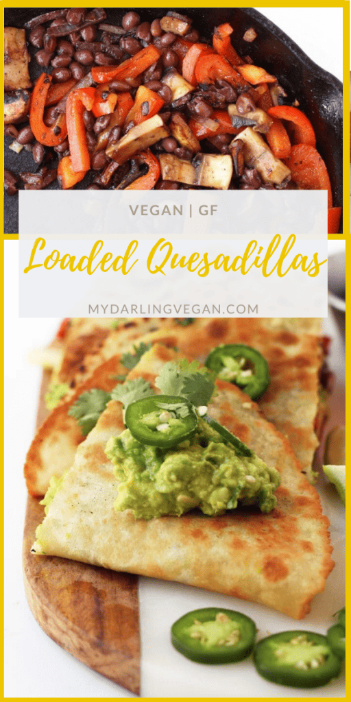 Fully Loaded Vegan Quesadillas – filled with fajita grilled vegetables, black beans, and guacamole and topped with fresh cilantro and jalapeños. Cooked inside a Mission® Gluten Free Soft Taco Tortilla for a delicious vegan and gluten-free meal. 