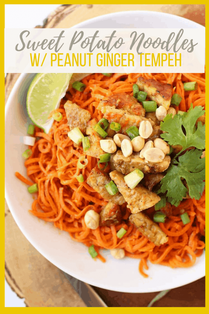 Lighten up with these Spiralized Sweet Potatoes with Ginger Peanut Tempeh - sweet, tangy, and with a little bit of crunch. Made with just 4 ingredients in under 30 minutes for a vegan and gluten-free meal.