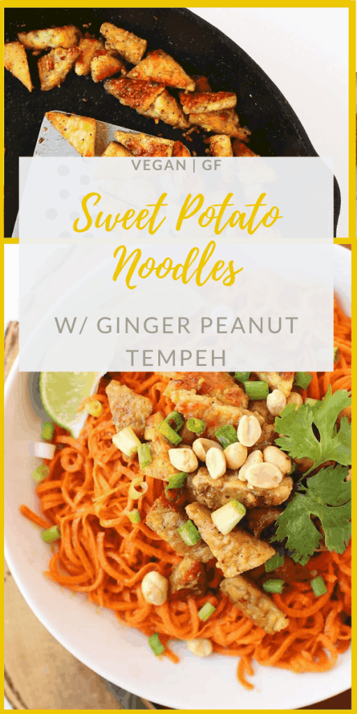 Lighten up with these Spiralized Sweet Potatoes with Ginger Peanut Tempeh - sweet, tangy, and with a little bit of crunch. Made with just 4 ingredients in under 30 minutes for a vegan and gluten-free meal.