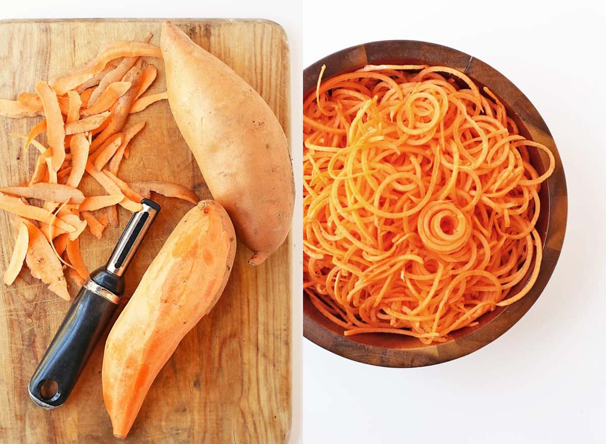 Peeled and spiralized sweet potatoes