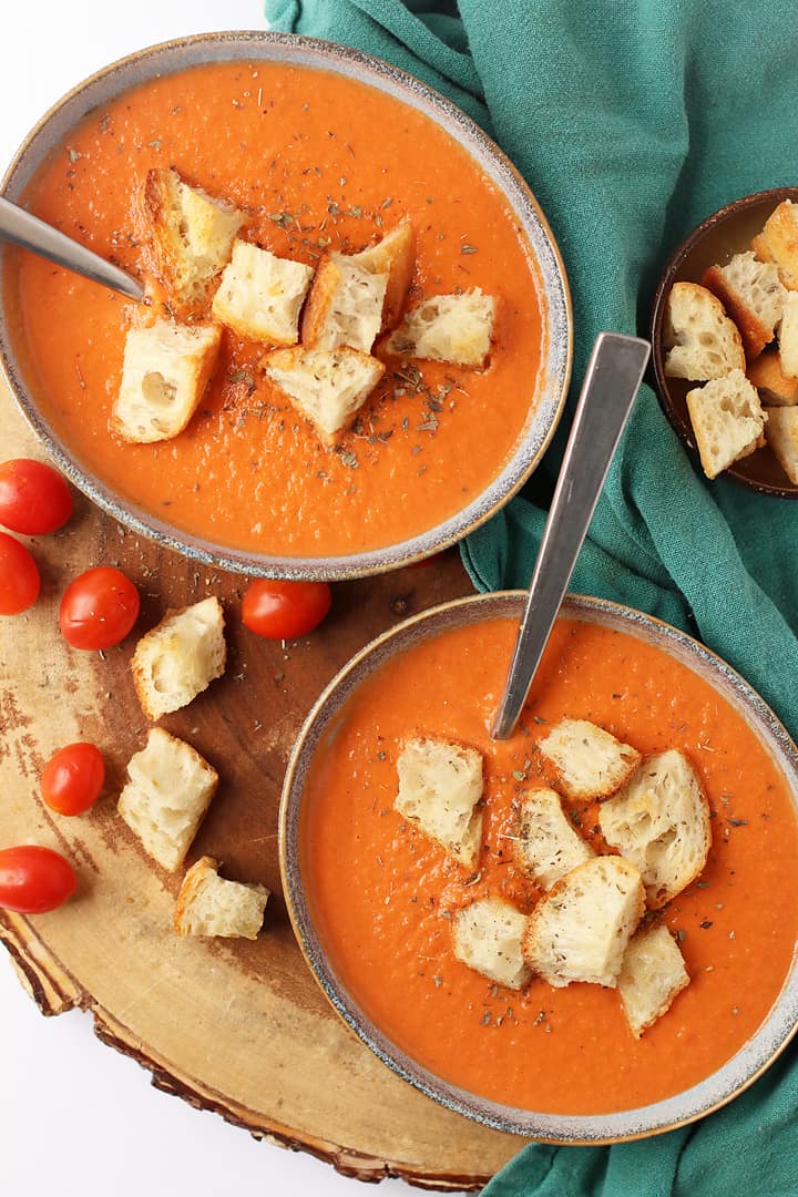 Two bowls of Vegan Creamy Tomato Soup