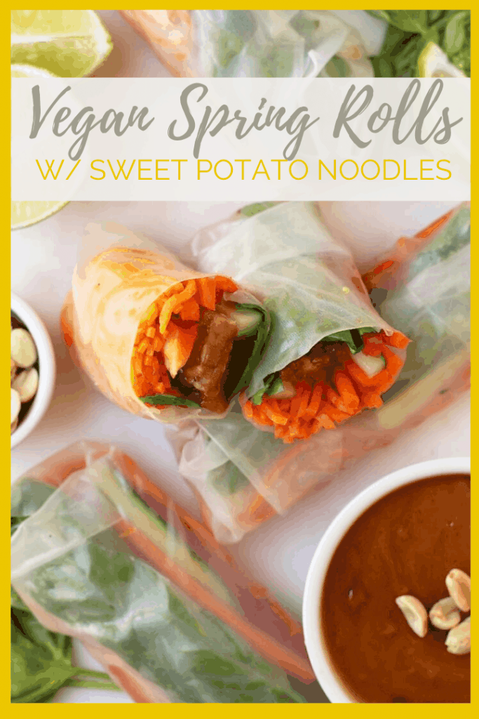 Vietnamese-style vegan spring rolls made with sweet potato noodles and ginger peanut tempeh for a light and refreshing plant-based gluten-free meal. Made in just 20 minutes!