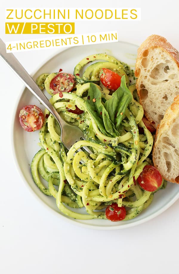 Lighten up with this zucchini noodles with pesto and cherry tomatoes salad. A quick 10 minute meal that is gluten-free and vegan for the perfect summertime dinner. #vegan #vegetarian #glutenfree #lowcarb #veganrecipes #zucchini #zoodles #pesto #summerrecipes #healthyreicpes