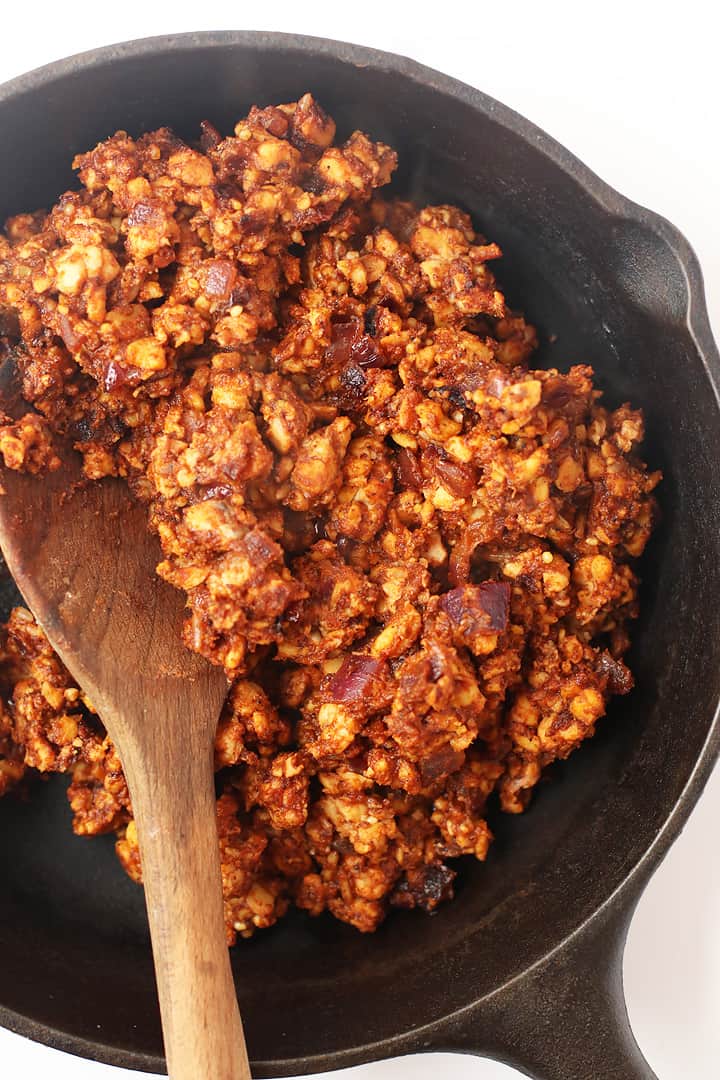 Ground tempeh in a cast iron skillet