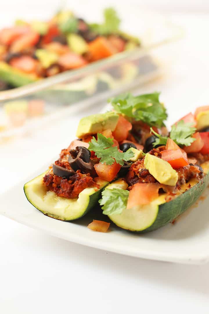 Vegan Zucchini Boats on a white plate