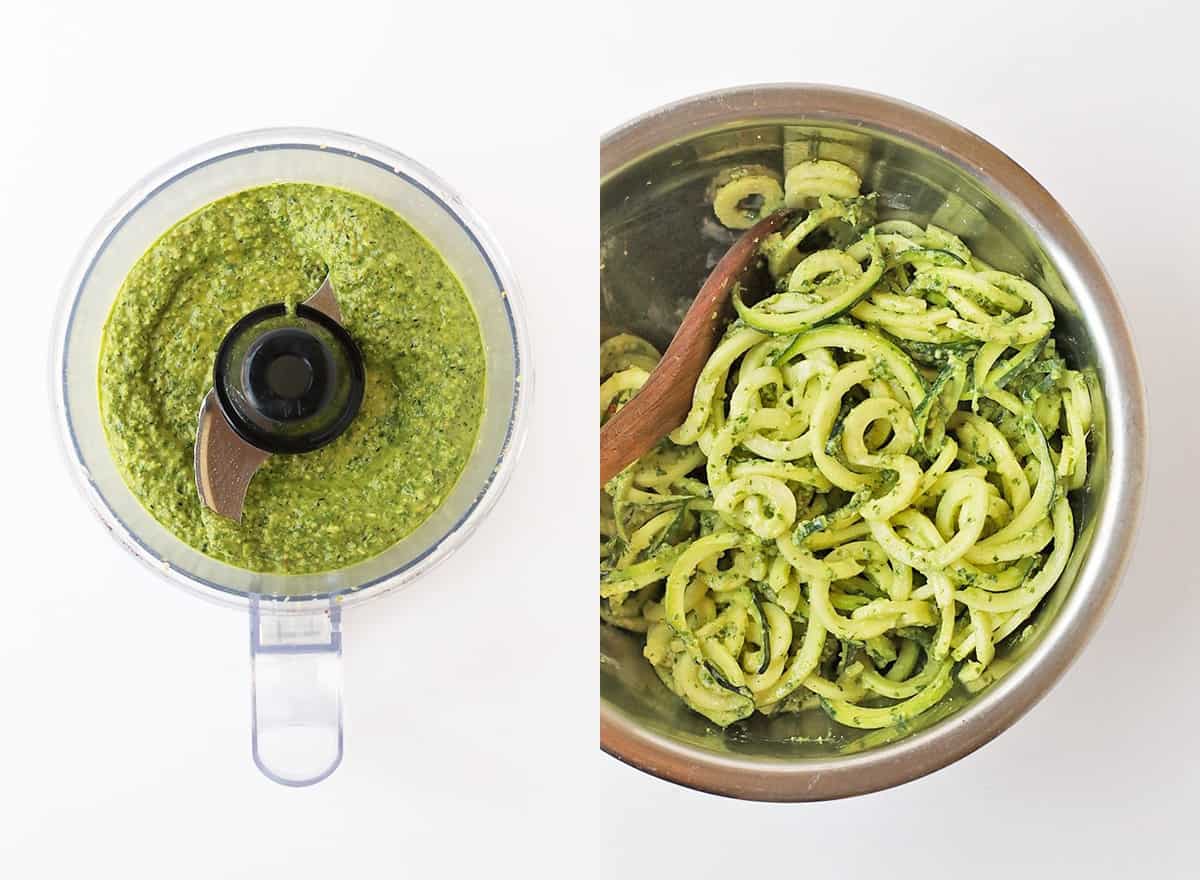 Zucchini noodles tossed in homemade pesto