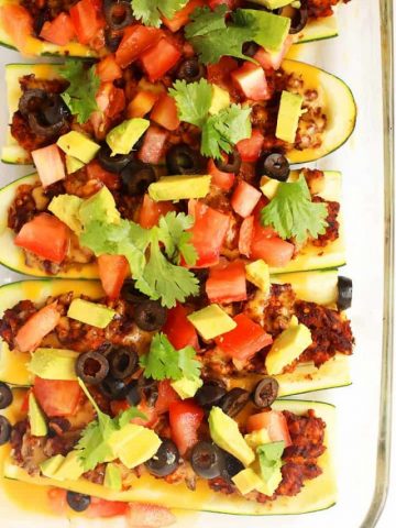 Finished recipe in a glass casserole dish
