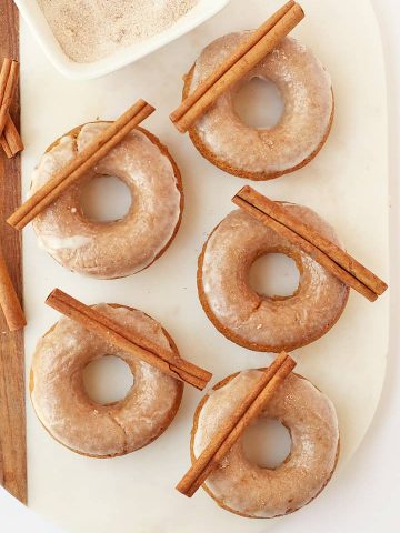 Finished donuts on a marble platter