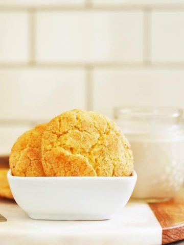 Finished cookies in a white bowl