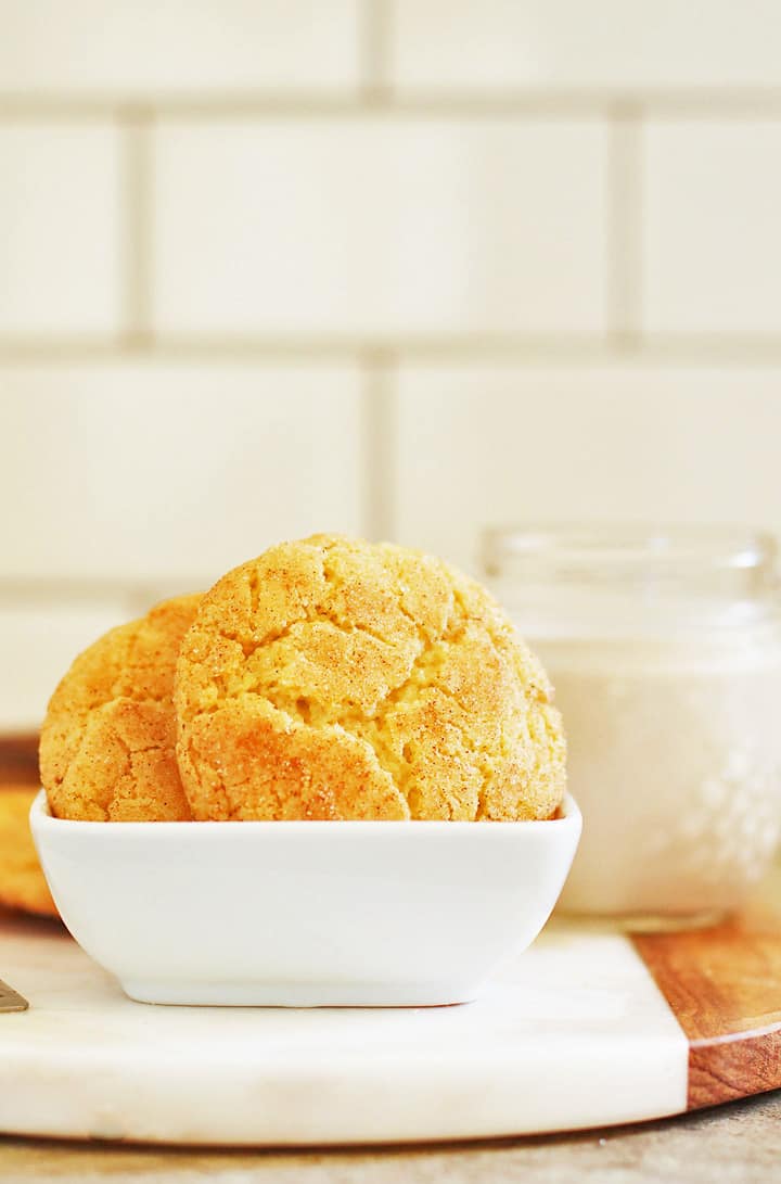 Finished cookies in a white bowl