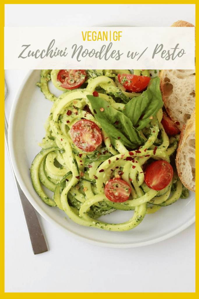 Lighten up with this zucchini noodles with pesto and cherry tomatoes salad. A quick 10-minute meal that is gluten-free and vegan for the perfect summertime dinner.