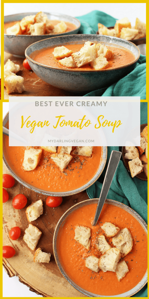 Warm up with this rich and creamy vegan tomato soup. A thick tomato base mixed with cashew cream and topped with homemade croutons for a satisfying fall soup. Made in under 20 minutes!