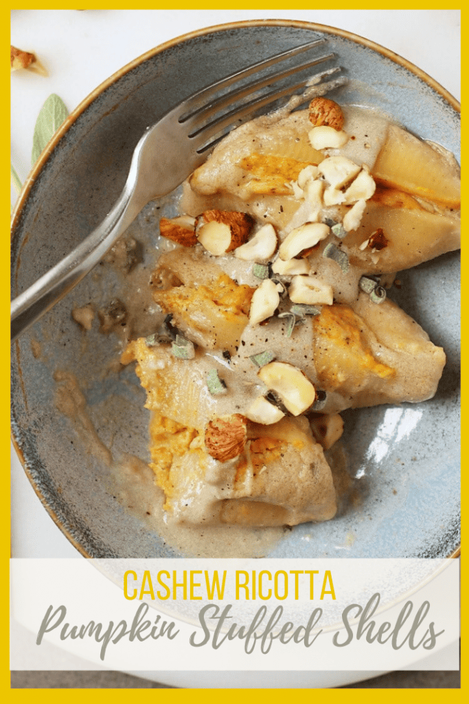 These Pumpkin and Cashew Ricotta Vegan Stuffed Shells are topped with Sage Béchamel Sauce for a delicious plant-based pasta dish that the whole family will love.