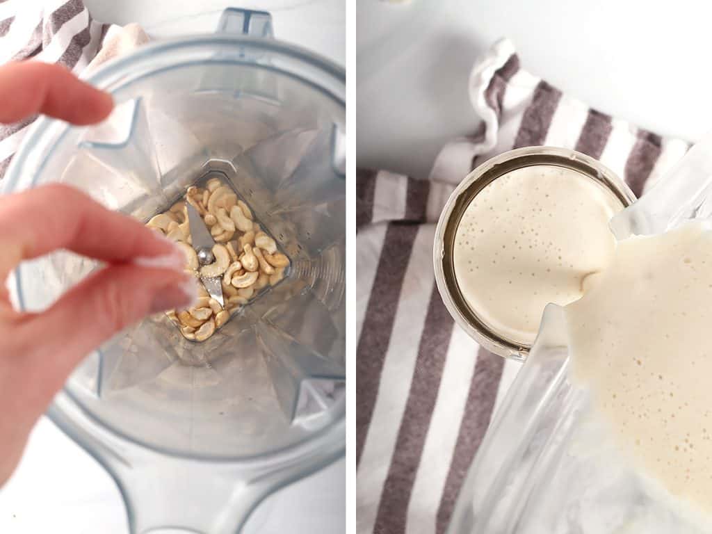 Cashews, water, and salt in a blender. 