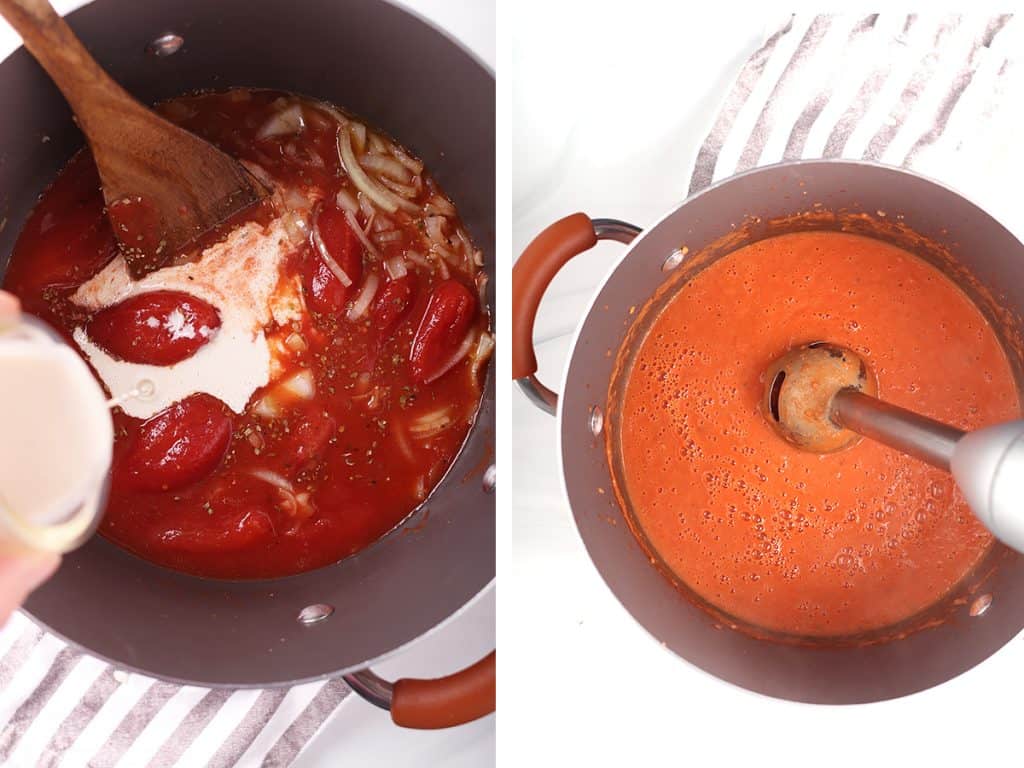 Vegan tomato soup blended with an immersion blender. 