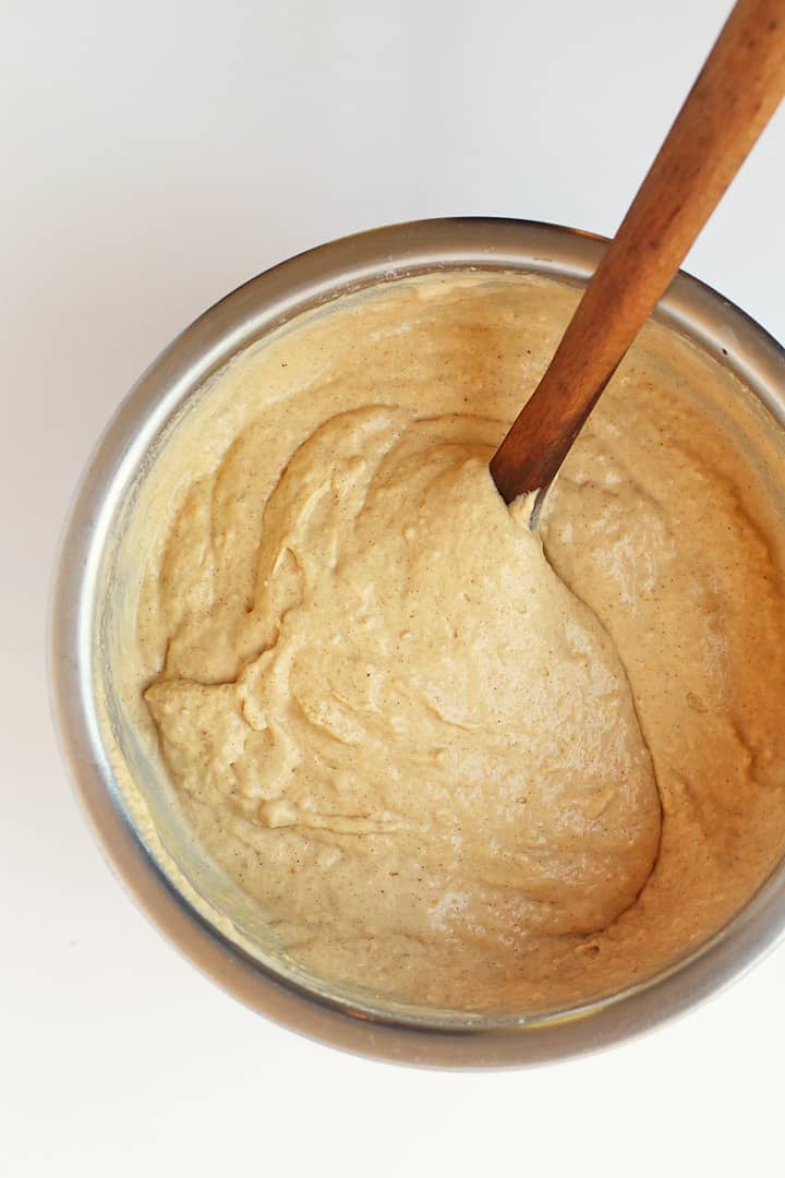 Pancake batter in a metal bowl