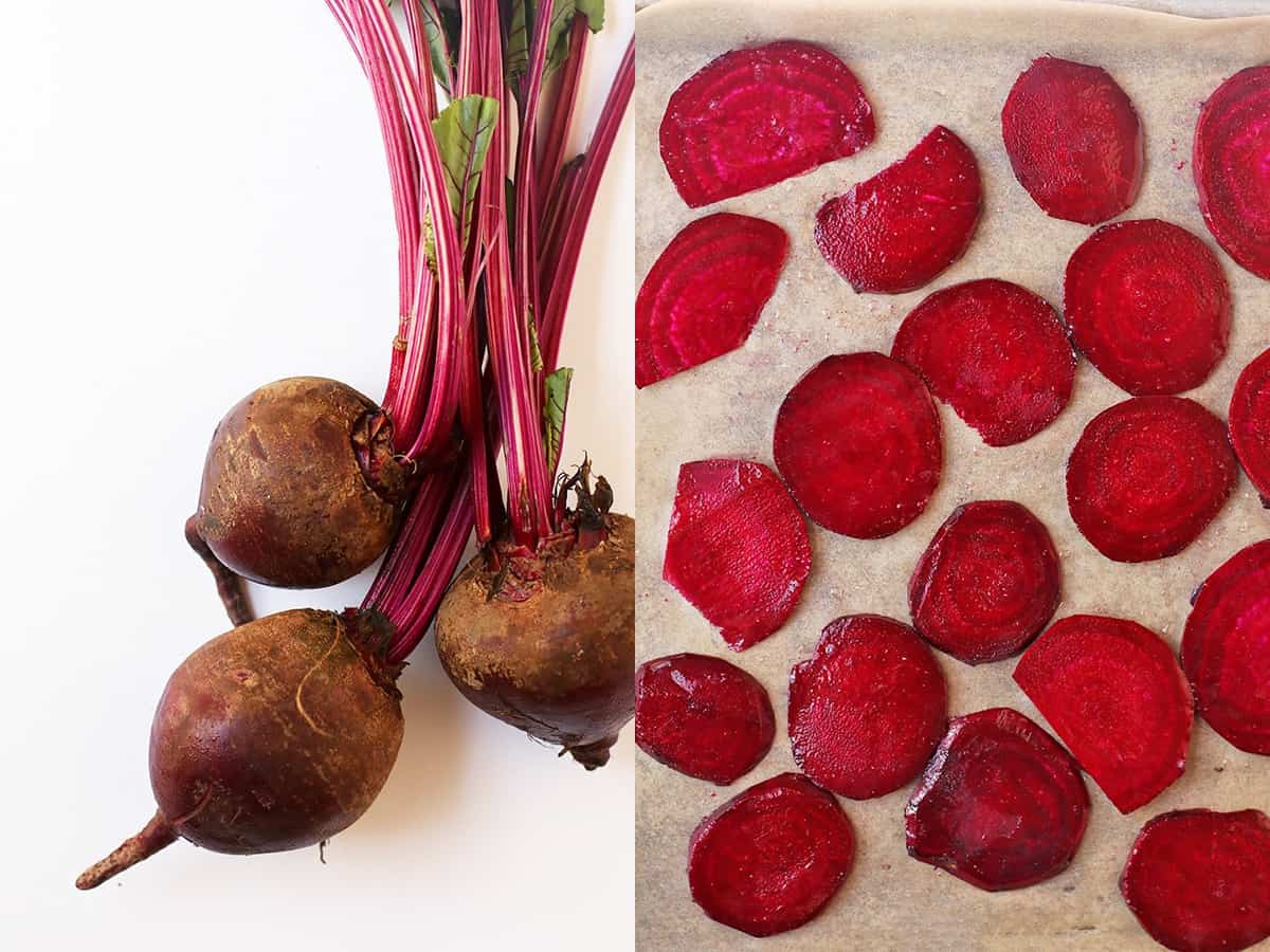 Thinly sliced beets on a baking sheet