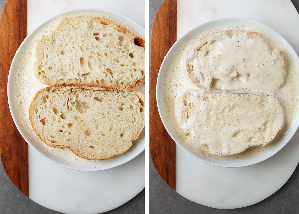 Two slices of French bread submerged in custard