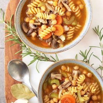 Chickpea Vegetable Noodle Soup in two bowls.