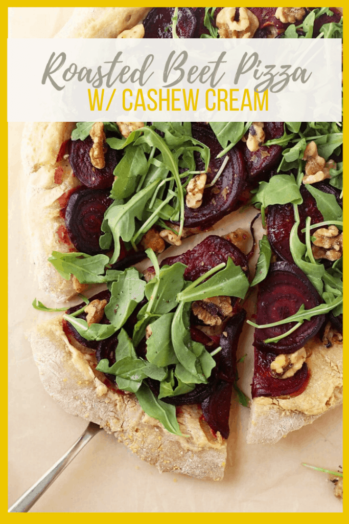 Celebrate autumn's harvest with a sweet and tart Roasted Beet Pizza with Arugula and Cashew Cheese. A delicious and seasonal pizza pie for the whole family.