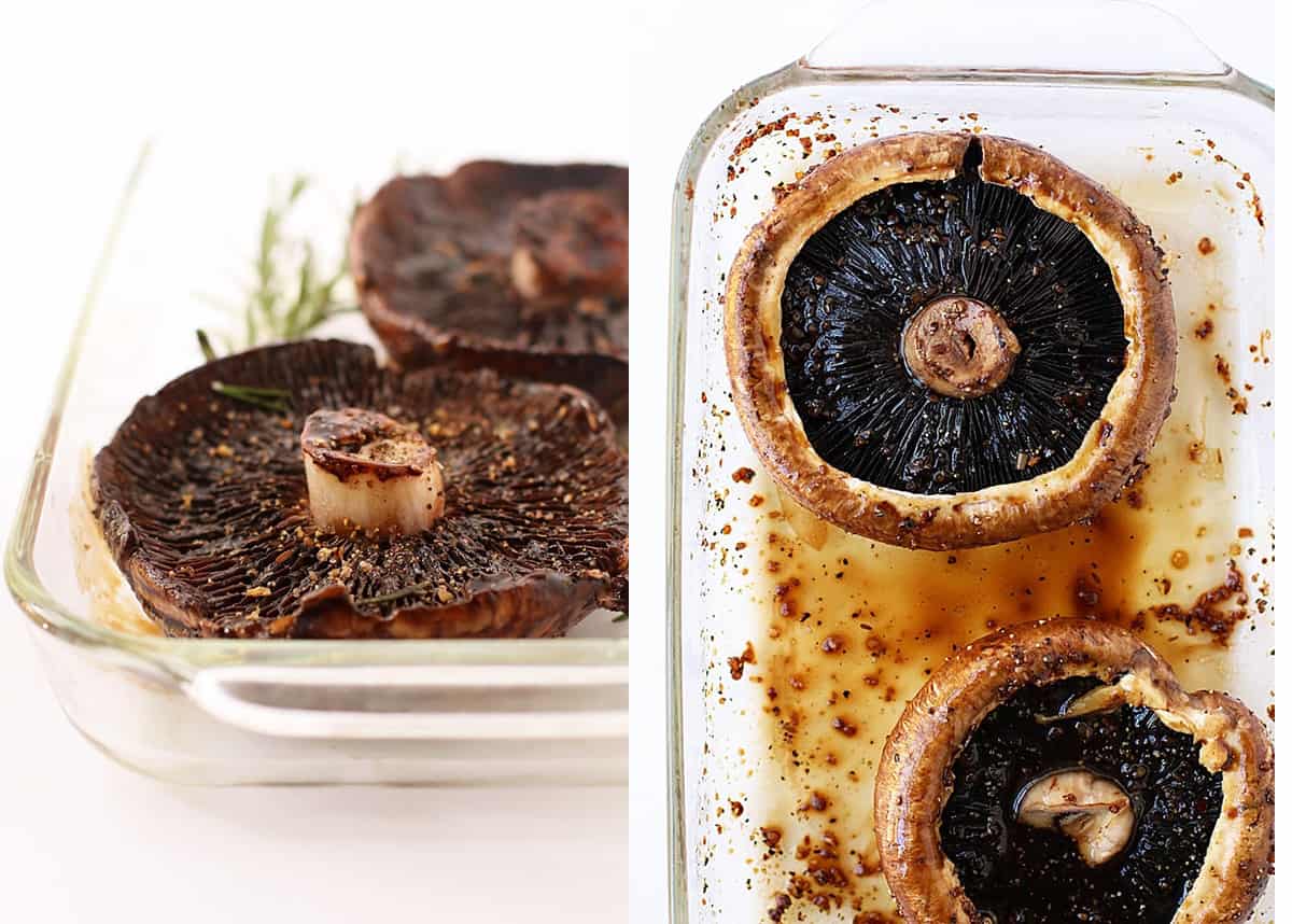 Two portobello mushrooms face down in a casserole dish