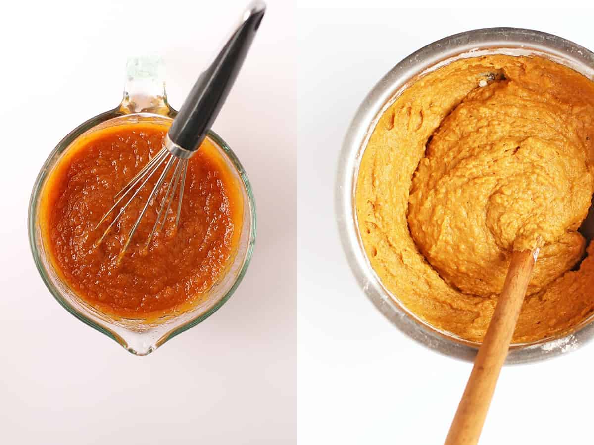 Muffin batter in a metal mixing bowl with a wooden spoon