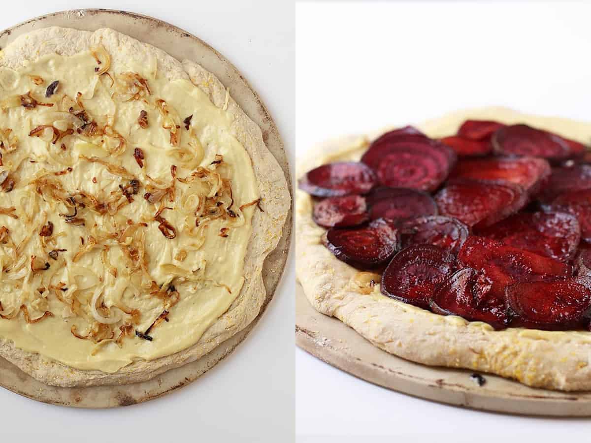 Pizza dough with caramelized onions and roasted beets