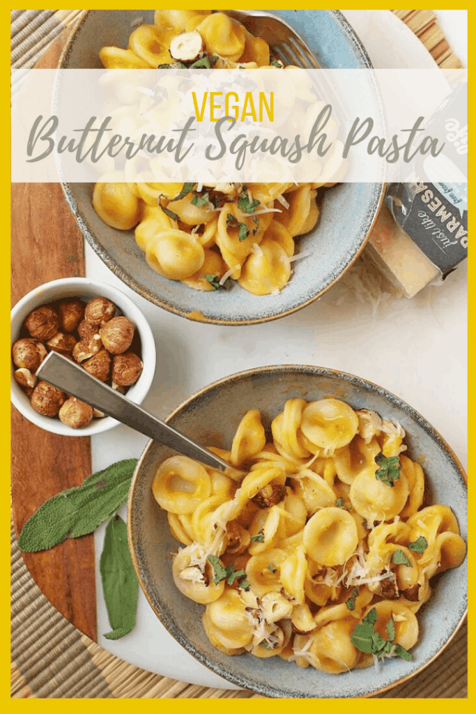 A butternut squash pasta made with roasted hazelnut and sautéed garlic and sage. Topped with plant-based parmesan for the perfect fall meal. So creamy no one will believe it's vegan.