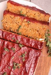 Vegan Meatloaf with lentils and mushrooms covered in maple tomato glaze.