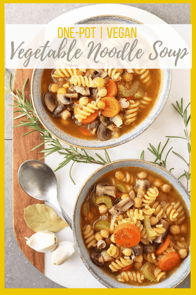 Cozy up with this Chickpea Vegetable Noodle Soup. It's filled with vegetables, chickpeas, and noodles and seasoned with Italian herbs for a delicious fall meal. Made in one pot in under 30 minutes!