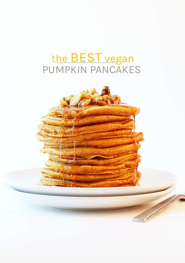 Start your morning off with these perfect vegan pumpkin pancakes. Seasonally spiced, light, and fluffy, no one will believe these sweet pancakes are egg-free. Serve with maple syrup. 