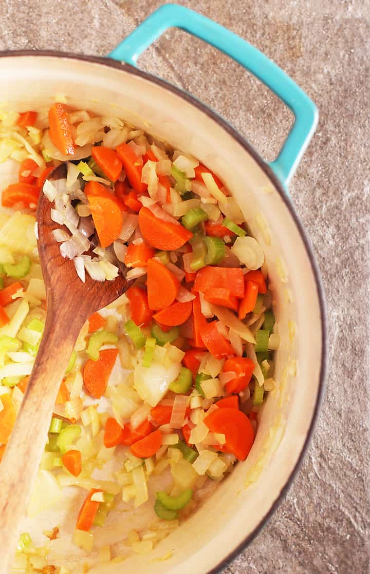 Sautée carrots, celery, and onions in soup pot