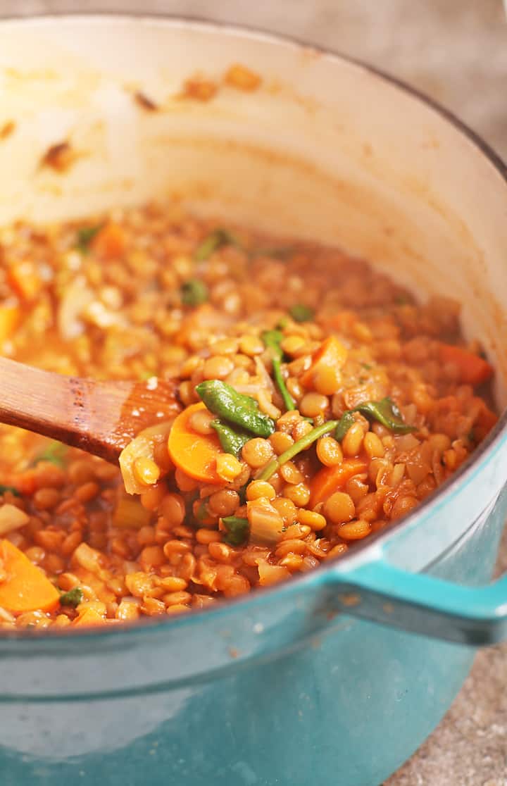 Lentil soup cooking in soup pot