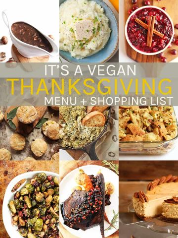 Simplify your vegan Thanksgiving with this holiday menu + shopping guide. Step-by-step directions for this nine plant-based recipe + printable recipes and shopping list for a delicious vegetarian holiday meal.