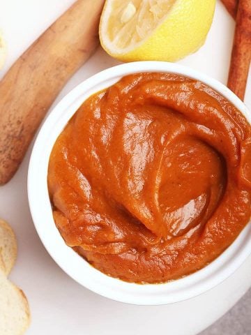 Homemade Pumpkin Butter in a white bowl.