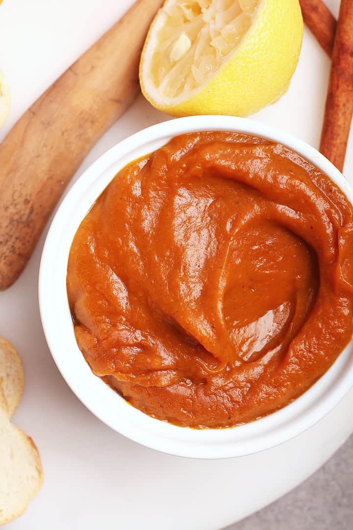 Homemade Pumpkin Butter in a white bowl.