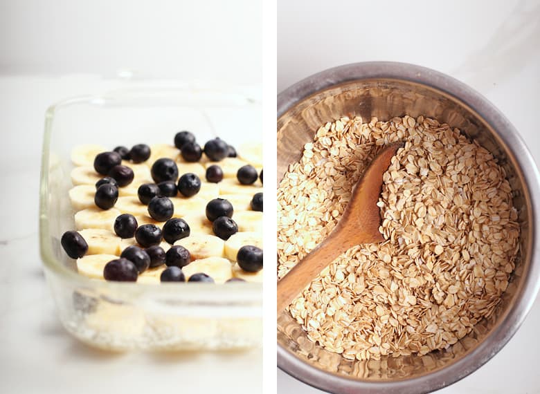 Oats and bananas in a mixing bowl