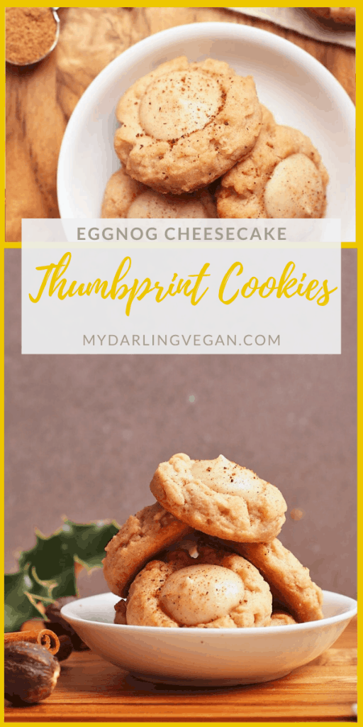 A spiced butter cookie filled with creamy eggnog-flavored cheesecake, these vegan Eggnog Thumbprint Cookies are the ultimate holiday cookie. Sure to impress!