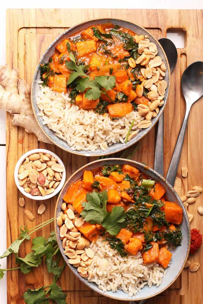 Sweet Potato Curry with rice and peanuts