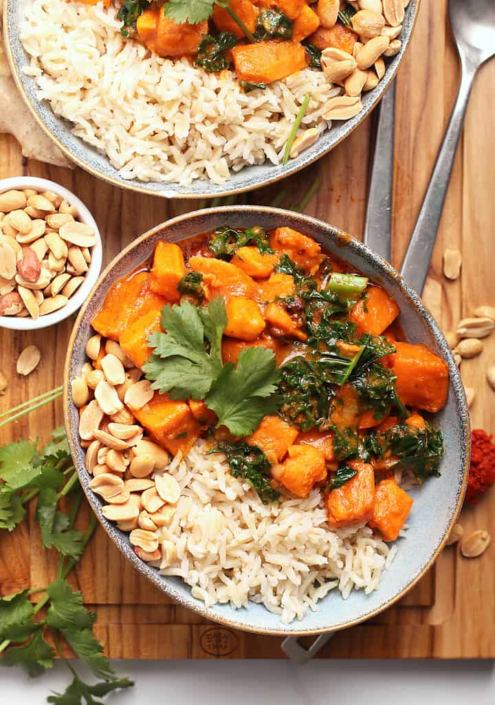 Sweet Potato Curry with rice and peanuts