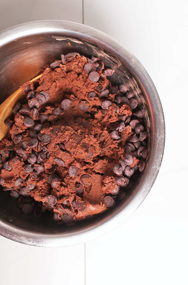 Chocolate cookie dough in metal bowl