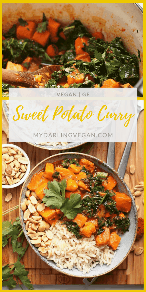 Enjoy this creamy Thai-style Sweet Potato Curry with Kale tonight! Made in just one pot in under 30 minutes, everyone will love this vegan and gluten-free dinner; a healthy and delicious weeknight meal. 