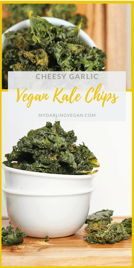 Learn how to make the perfectly crispy vegan kale chips. These chips are seasoned with nutritional yeast and garlic powder for a delicious and healthy snack. Made in just 25 minutes! 