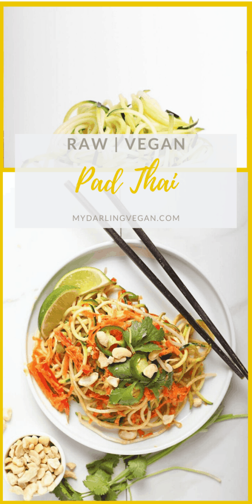 A healthy and refreshing salad, this raw Pad Thai is made with zucchini noodles, carrots, bell peppers, and fresh herbs. All topped with a homemade jalapeño almond sauce for a delicious and hearty meal. Made in under 30 minutes! 