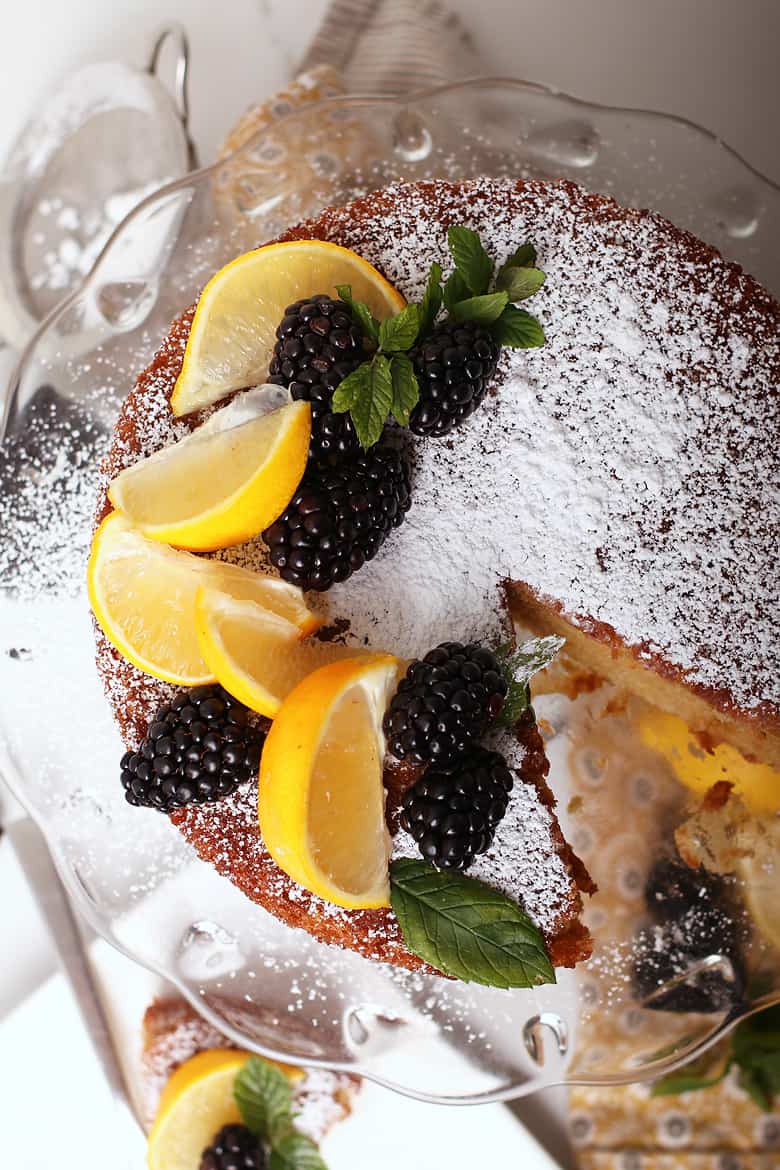 Vegan Olive Oil Cake on cake stand