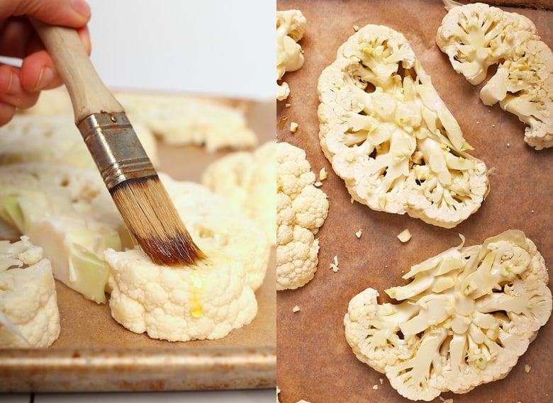 Cauliflower on a baking sheet brushed with olive oil. 