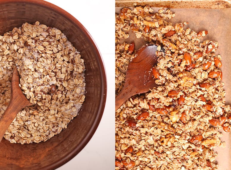 Oats and coconut in a bowl with a wooden spoon