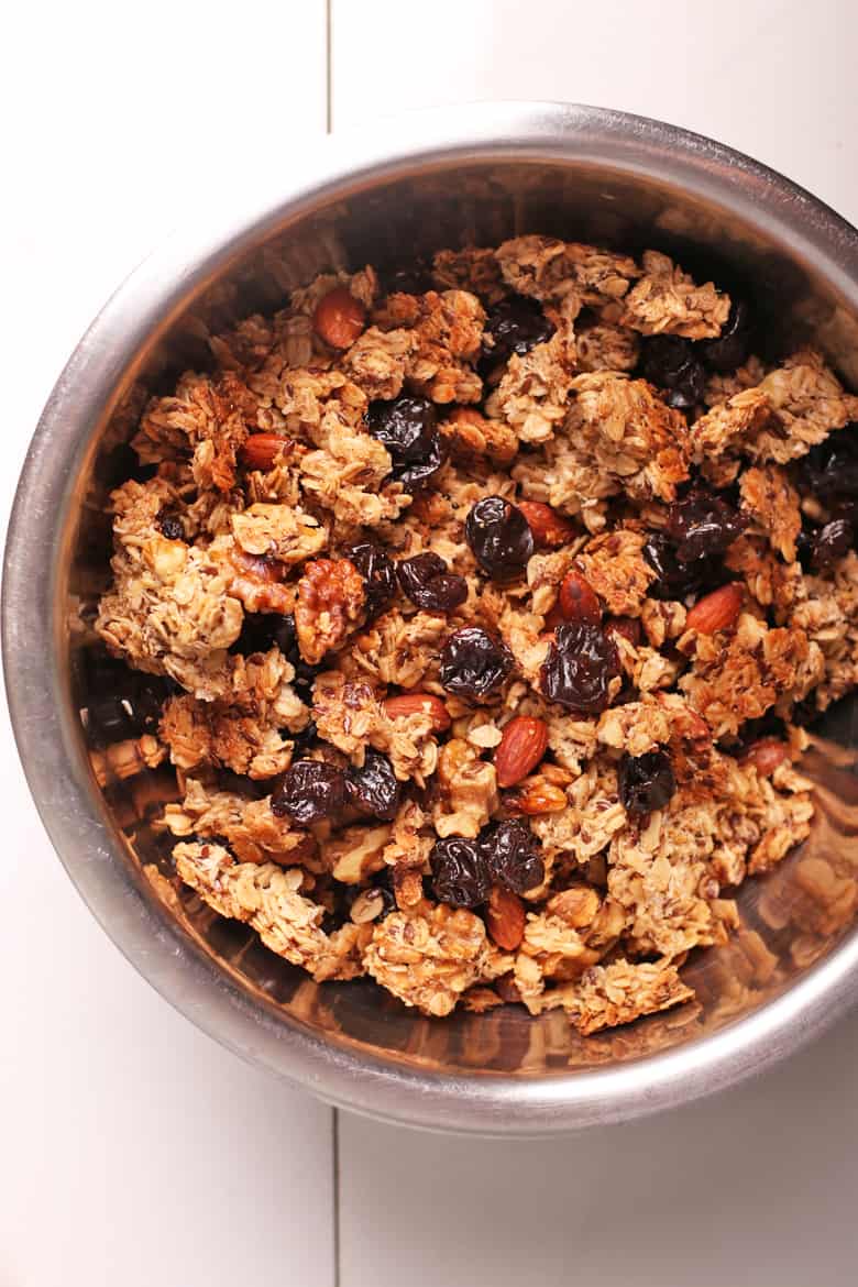 homemade granola in a metal bowl overhead