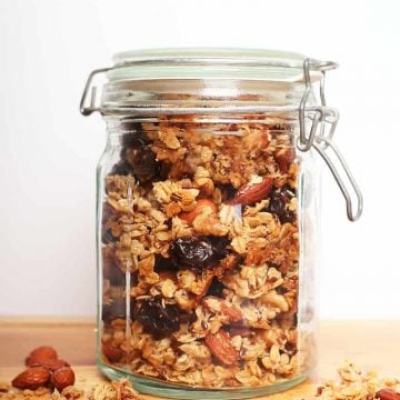 Mason jar filled with chunky granola