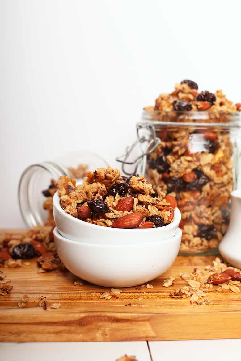 Cherry Almond Granola in a white bowl